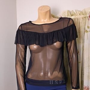 Chic Black Sheer‎ Ruffle Blouse